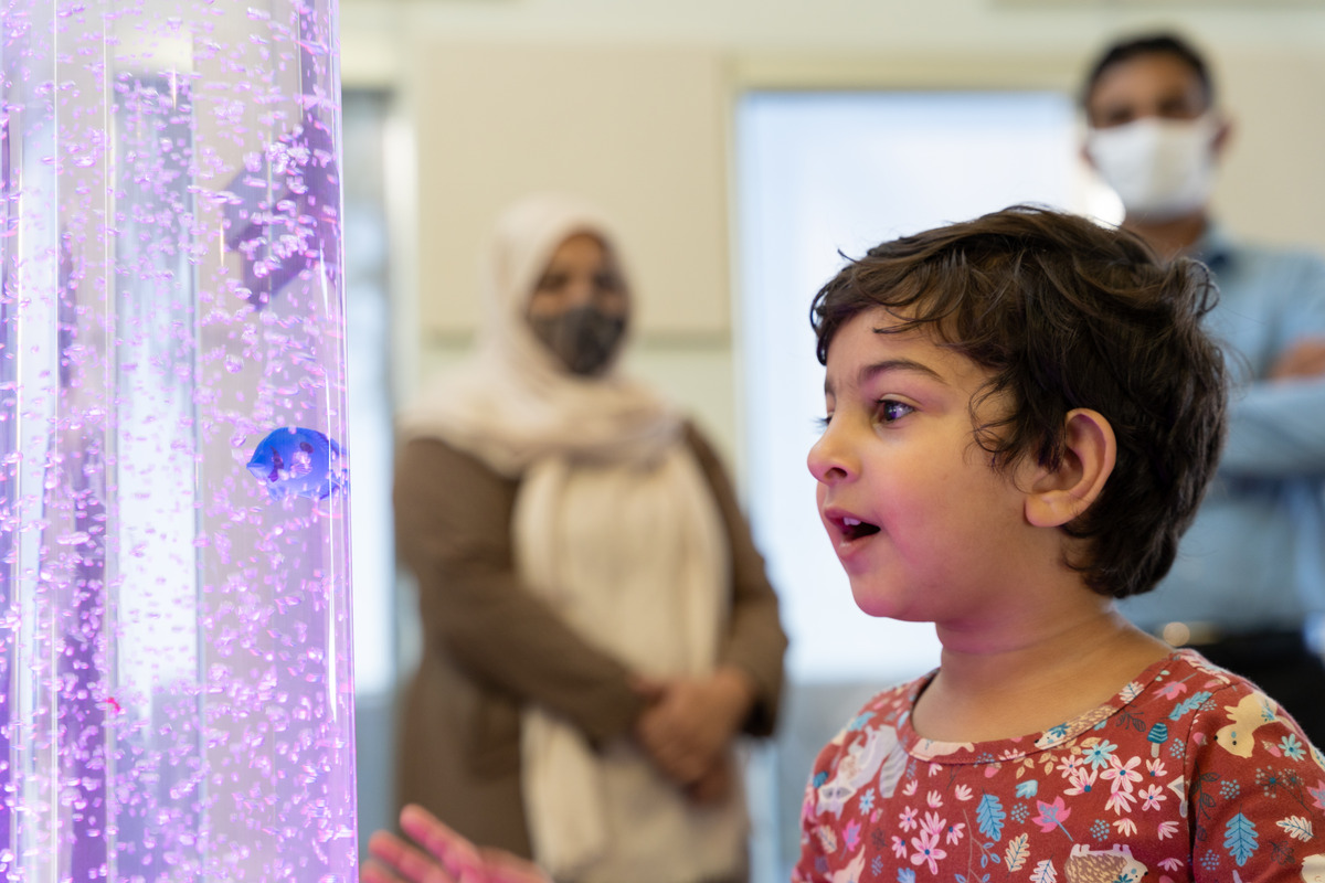 Child watching a bubble tube in a sensory room with staff nearby