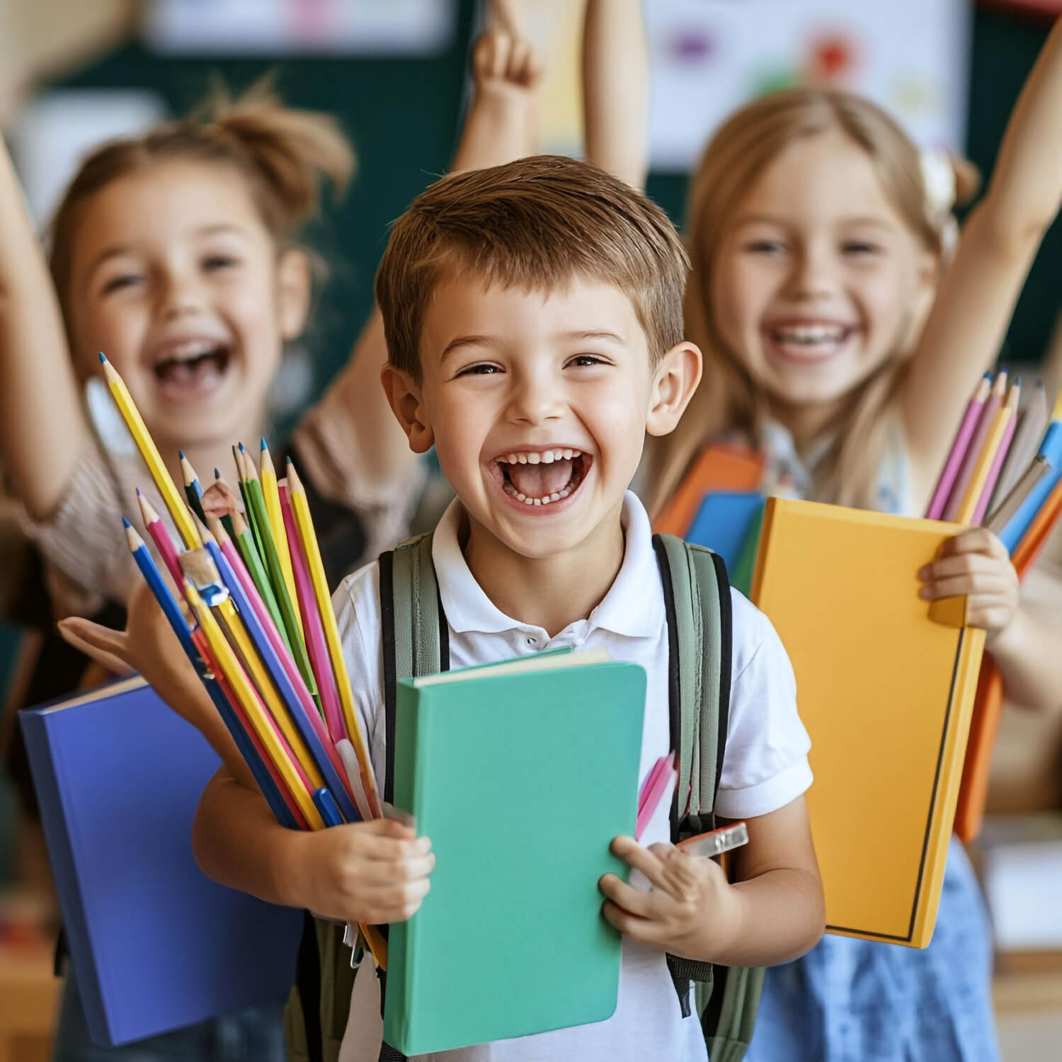 Excited children holding notebooks and colored pencils