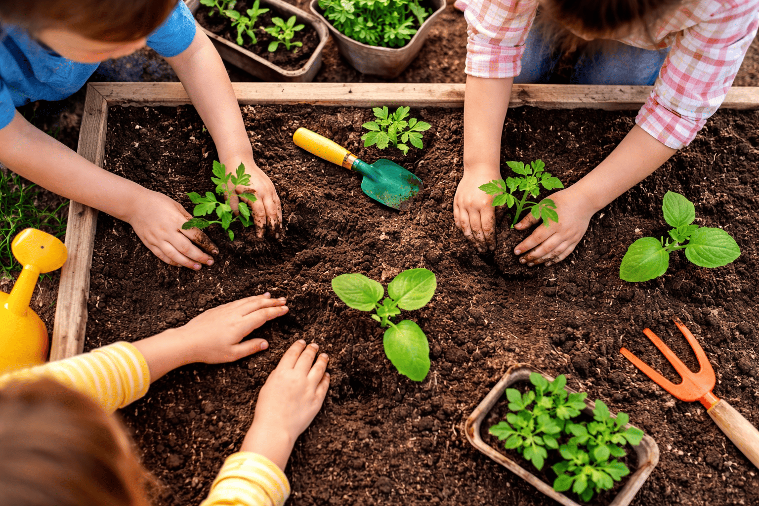Children planting seedlings in a garden bed