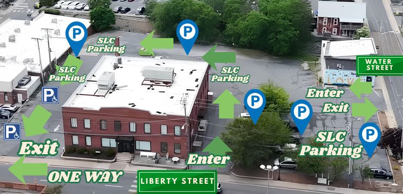 Aerial parking map of the South Liberty Street building showing SLC parking areas, entrances, exits and one-way Liberty Street