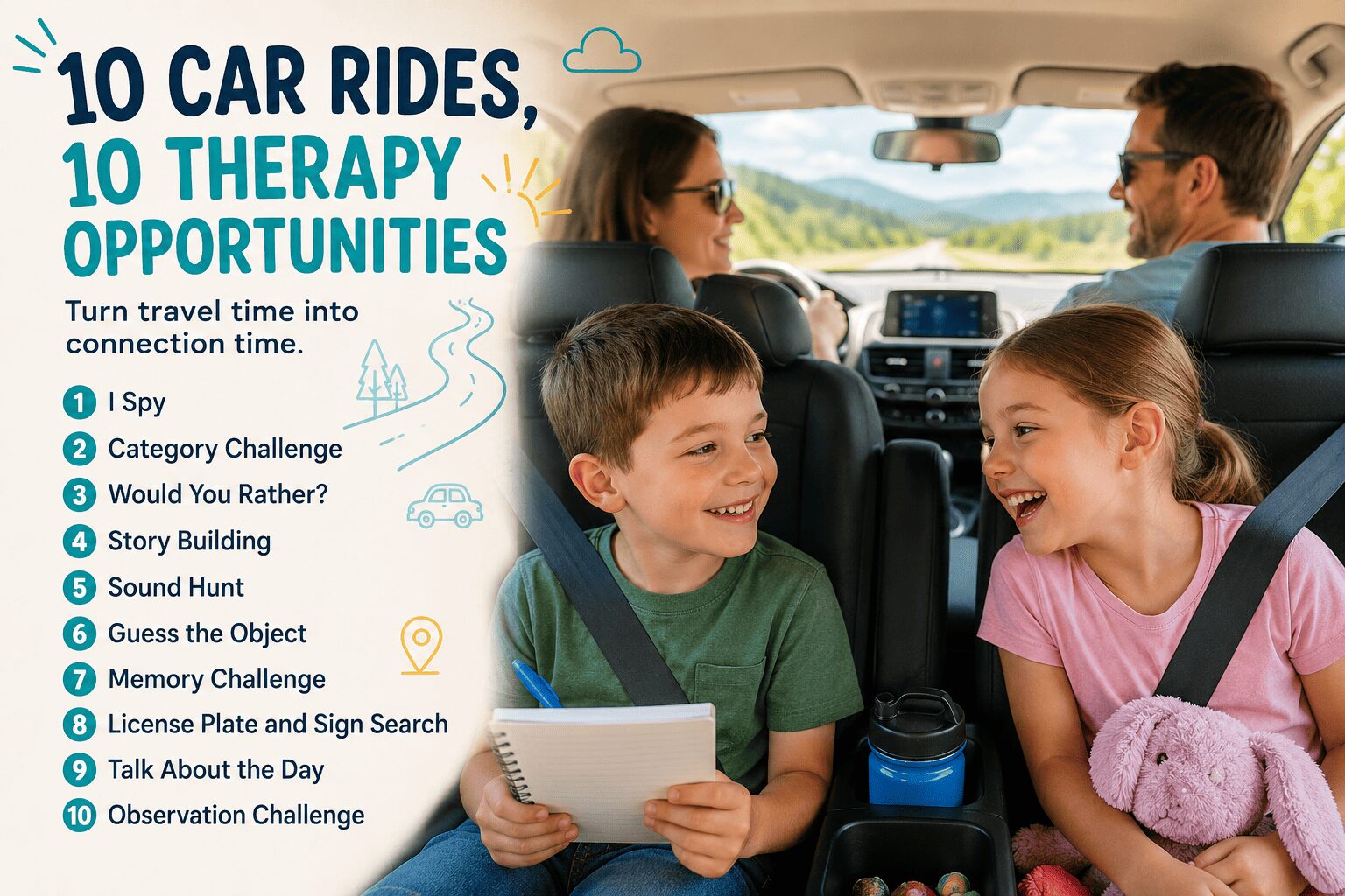 10 Car Rides, 10 Therapy Opportunities graphic: children in the back seat of a car beside a list of ten activities