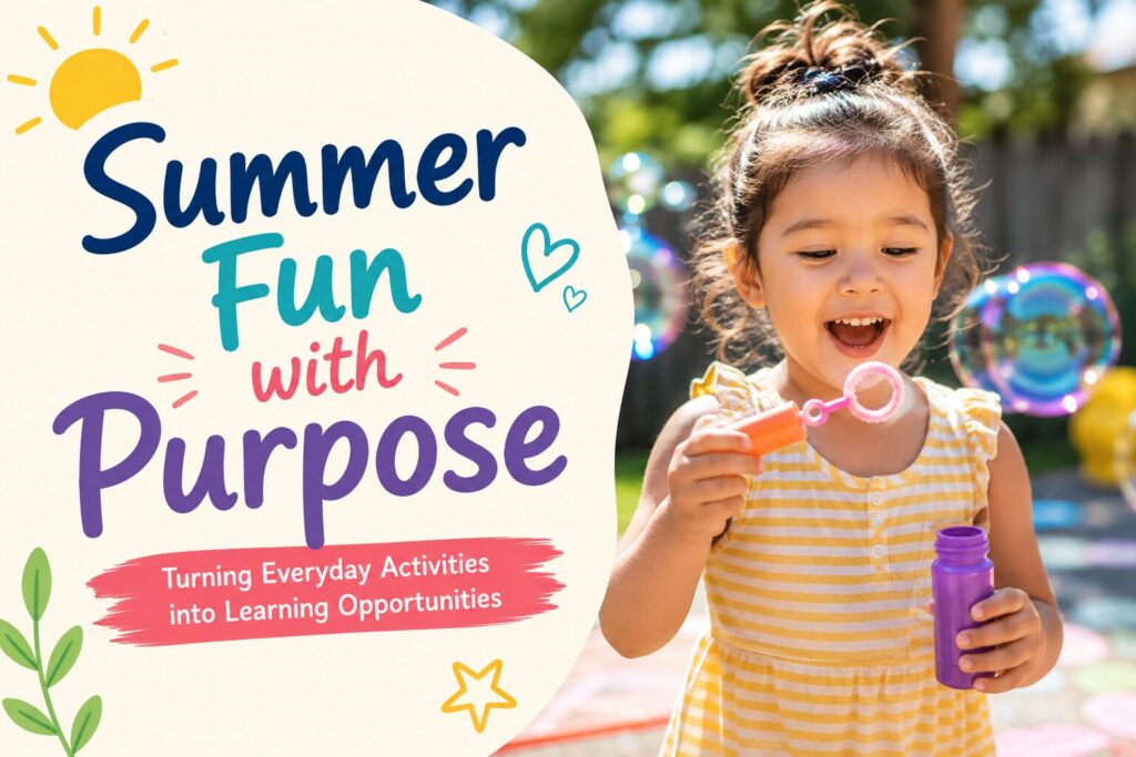 Summer Fun with Purpose graphic with a girl blowing bubbles
